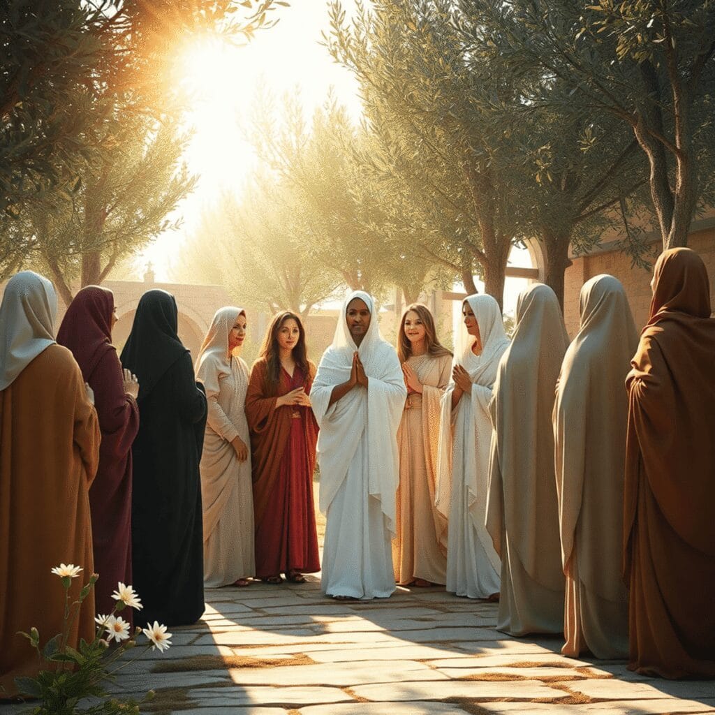 Frauen in wallenden Kleidern versammeln sich in einem sonnendurchfluteten, uralten Garten mit Olivenbäumen, einem sanften goldenen Licht und Blumen...