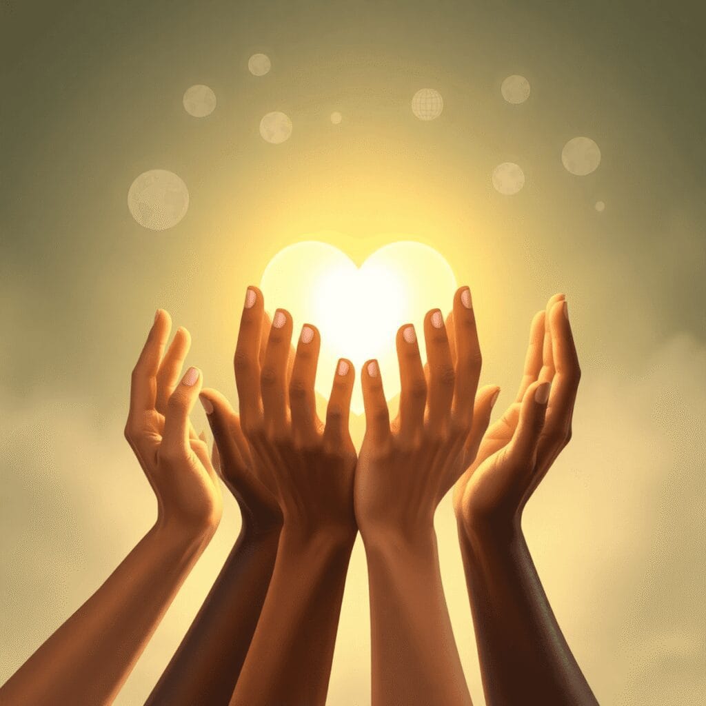 Hände verschiedener Personen, die ein leuchtendes, herzförmiges Licht halten, umgeben von abstrakten Symbolen für Globalisierung, Migration und...