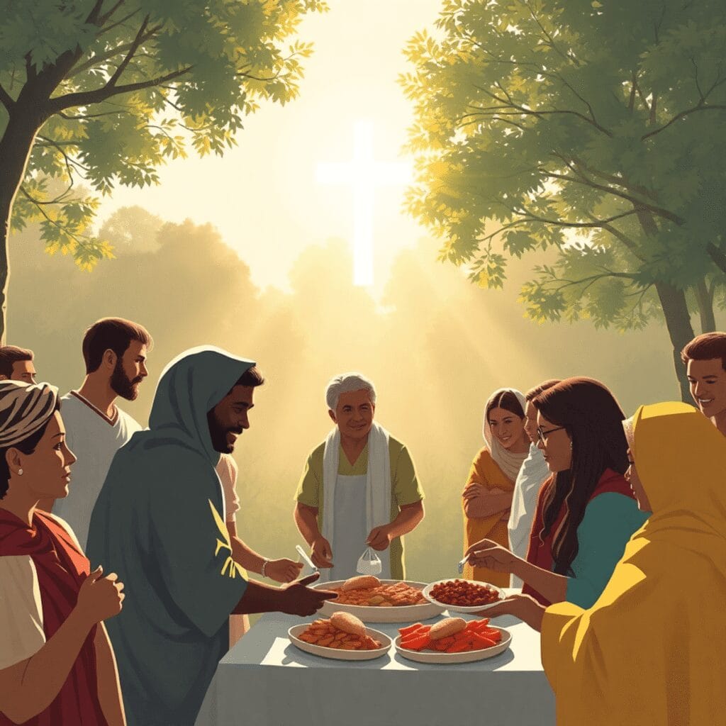 Chrześcijańskie powołanie do służby ubogim: św. Wincenty a Paulo dziś na nowo wspominany Ludzie dzielą się jedzeniem na świeżym powietrzu, w spokojnej, wspólnej atmosferze, przy delikatnym świetle słonecznym i ciepłym oświetleniu...