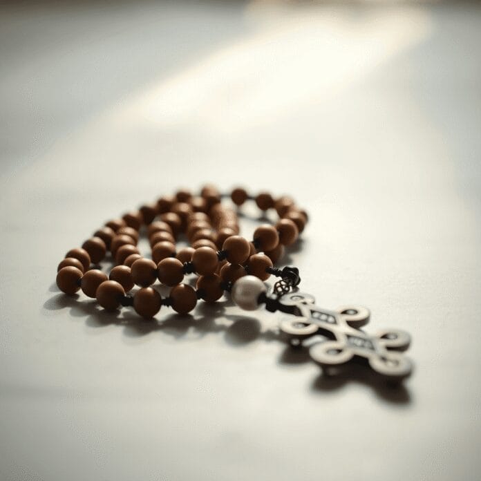 एक लकड़ी और मनके वाली माला का क्लोजअप, जो एक खुली, हल्की रोशनी वाली सतह पर रखी हुई है, एक सौम्य और सूक्ष्म प्रकाश के साथ, ...