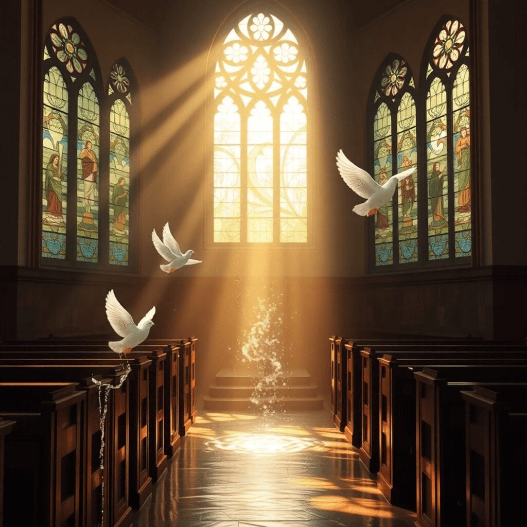 एक शांतिपूर्ण चर्च में रंगीन कांच की खिड़कियों से होकर आती सूर्य की रोशनी, बहते पानी, नाजुक कबूतरों और प्रकाश को उजागर करती है...