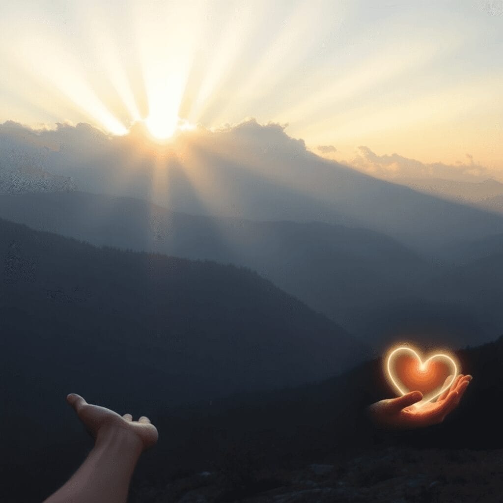 Sonnenaufgang über stillen Bergen mit sanften Wolken, zarten Lichtstrahlen und subtilen, abstrakten Händen sowie einem leuchtenden Herzen...