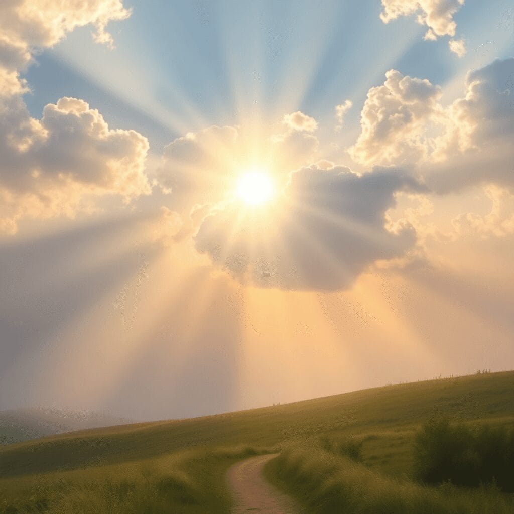 ضوء الشمس يخترق السحب فوق منظر طبيعي هادئ مع مسار مفتوح وأشعة ناعمة تضيء الطبيعة، رمزًا...