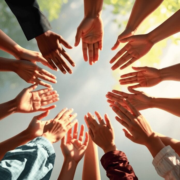 Dłonie układające się w okrąg w miękkim świetle symbolizują jedność i współczucie, a subtelne kształty serca i delikatne promienie tworzą...