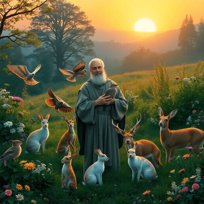 Mnich w prostej szacie delikatnie obejmujący ptaki, jelenie i króliki pośród bujnej zieleni i kwiatów o wschodzie słońca... Mnich w prostej szacie delikatnie obejmujący ptaki, jelenie i króliki pośród bujnej zieleni i kwiatów o wschodzie słońca...