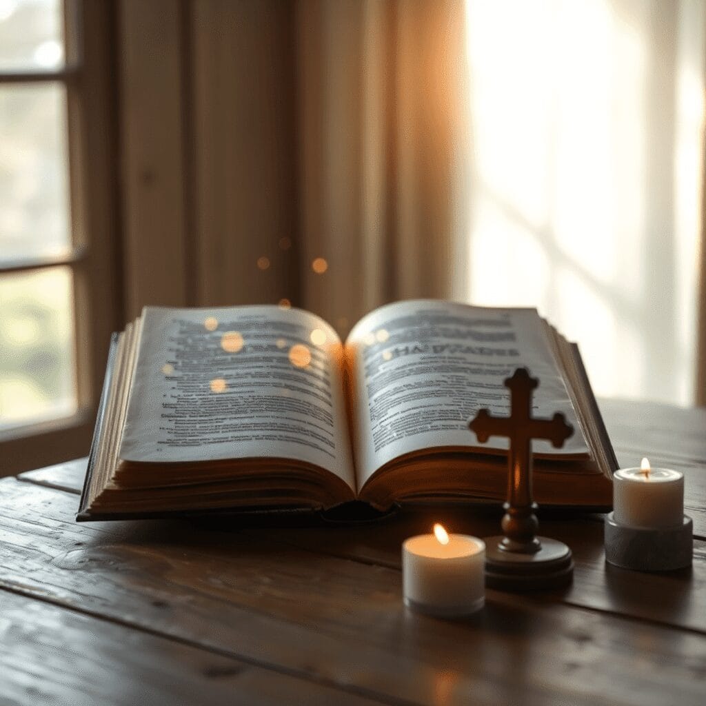 Auf einem rustikalen, in sanftes Licht getauchten Tisch liegen ein altes Buch, umgeben von leuchtenden abstrakten Lichtern, einem Holzkreuz und einer brennenden Kerze...