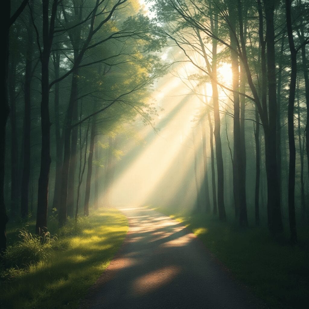 Ein sonniger Waldweg, durch dessen Bäume sanftes Licht fällt, dezente abstrakte Formen im Hintergrund, die Ruhe ausstrahlen...