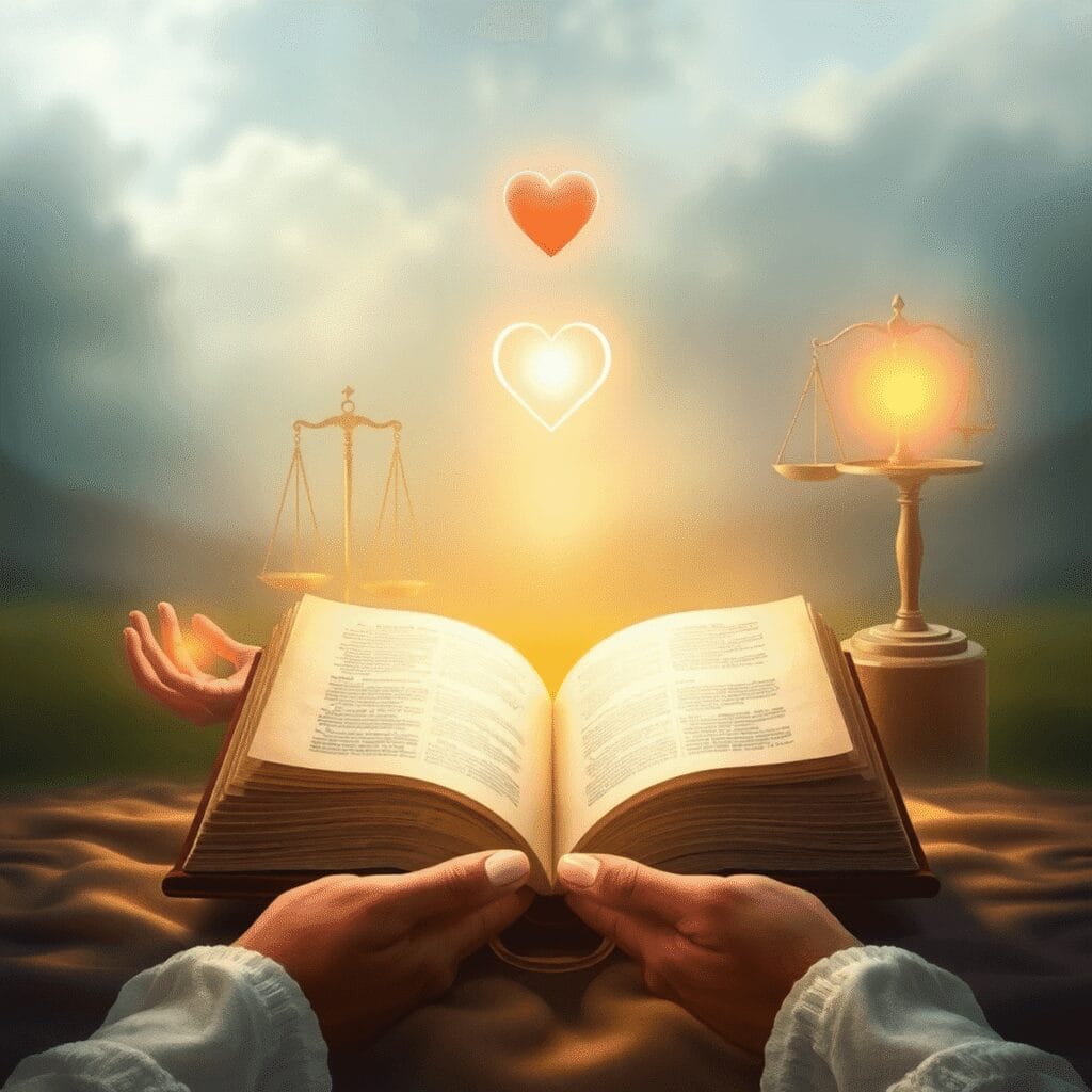 ספר ישן ופתוח, נוצץ בחום, מוקף בקשקשים מאוזנים, לב זוהר וידיים מושטות בעדינות, ממוקם בחלק האחורי...