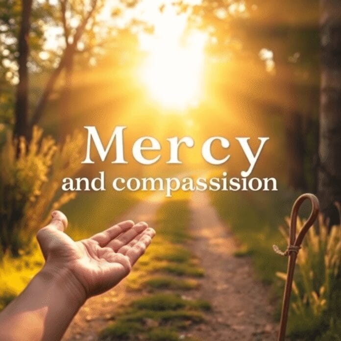 A luminous path through a peaceful natural scene with soft light, an outstretched hand offering help, and a shepherd's crook symbolizing...