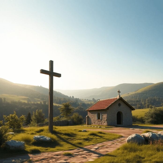 Spokojny krajobraz z czasów starożytnego Rzymu: drewniany krzyż, kamienny kościół, łagodne światło słoneczne, bujna zieleń...