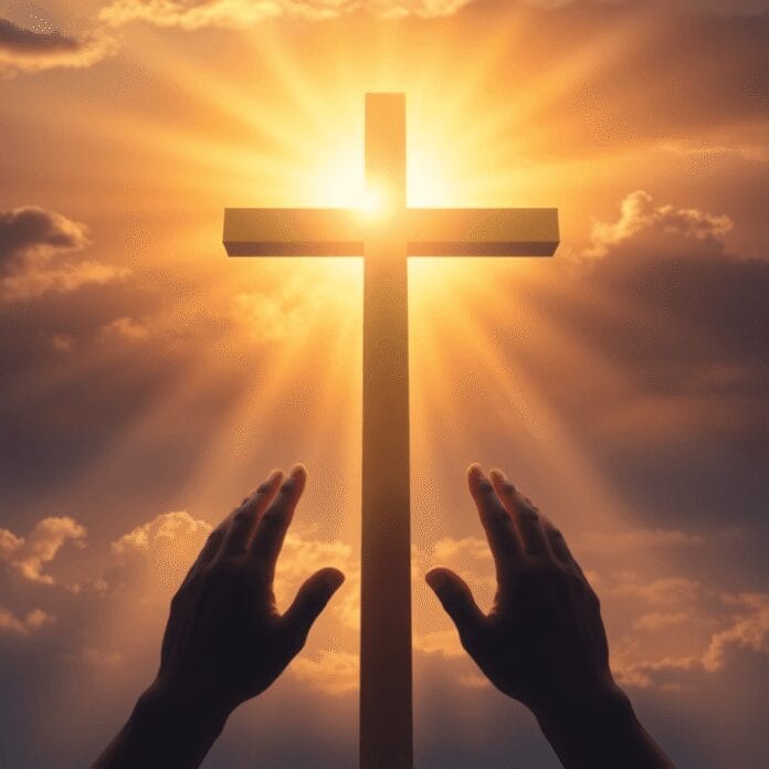 Ein leuchtendes Kreuz, in warmes Licht getaucht, vor einem Sonnenaufgangshimmel, mit sanften Strahlen und abstrakten Händen, die sich nach oben erheben...