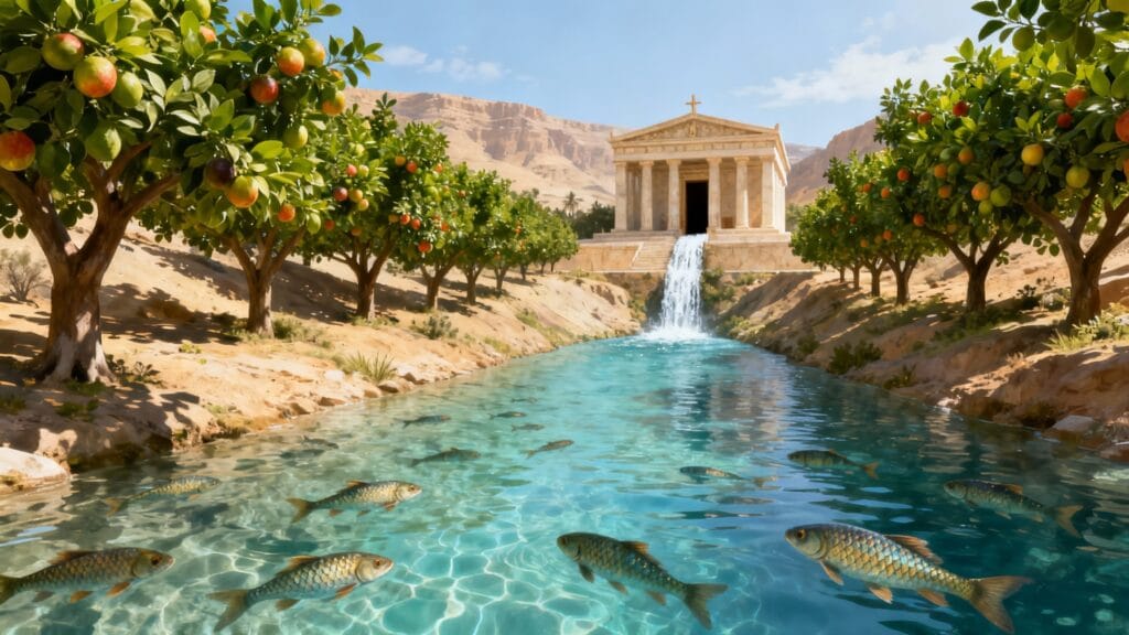 «Widziałem wodę wypływającą ze świątyni, a wszyscy, których dotknęła woda, zostali uratowani» (Antyfona Vidi aquam) (Ezechiel 47:1-2, 8-9, 12)