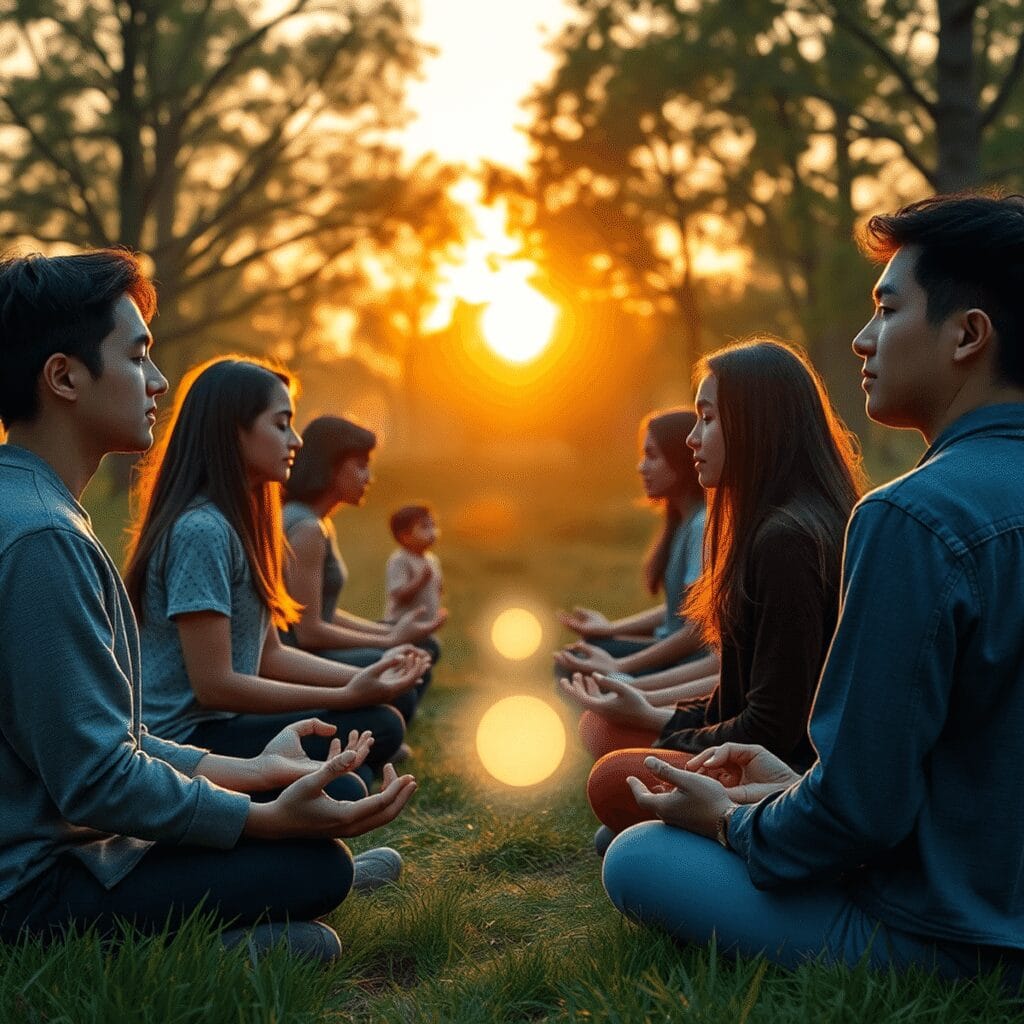 2025年青年人的依纳爵灵修:实践练习和近期见证 清晨,年轻人在大自然中冥想,柔和温暖的阳光和发光的球体象征着灵感…….