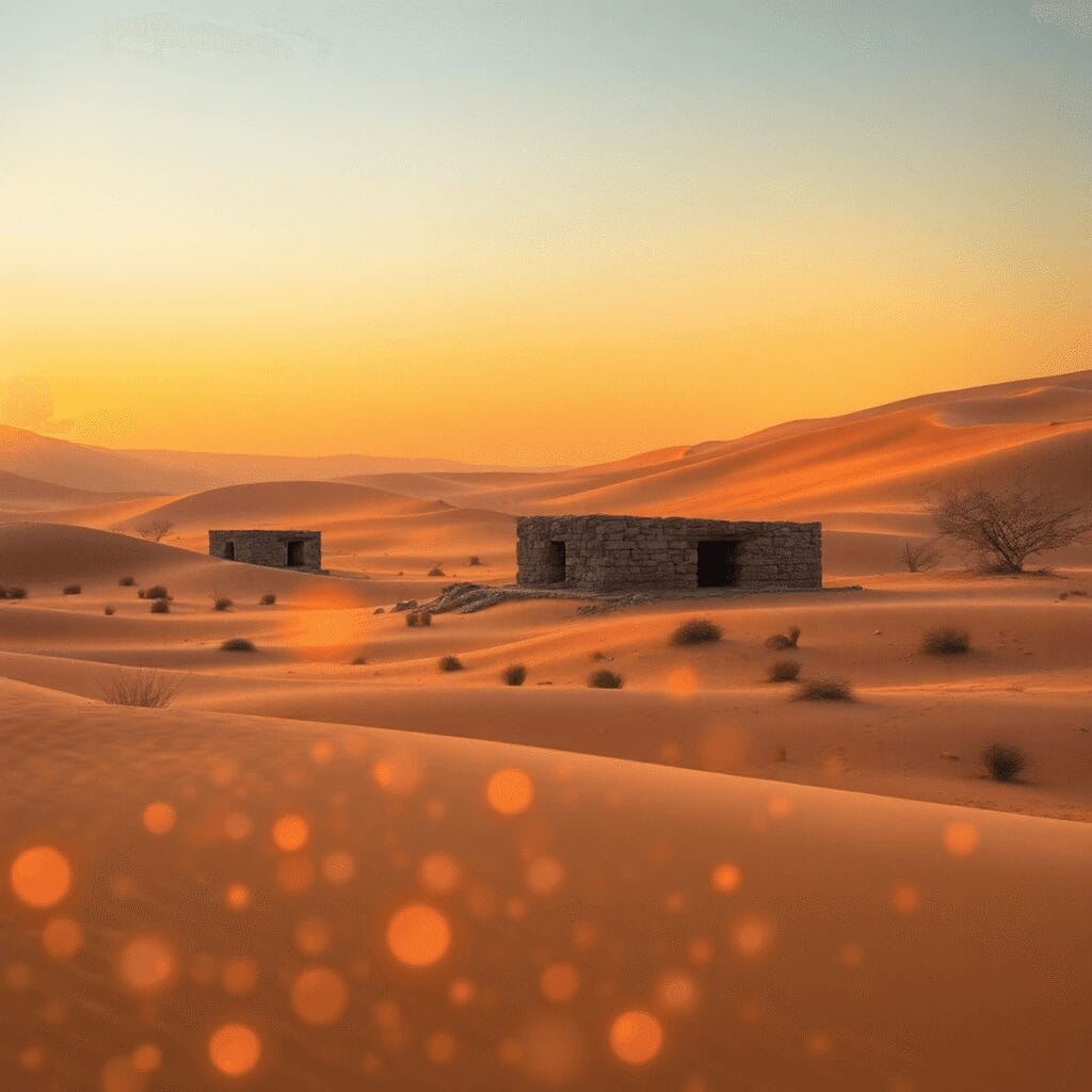 Wschód słońca nad pustynią, z starożytnymi kamiennymi pustelniami wśród wydm, świetliste kule na pierwszym planie symbolizujące informacje...