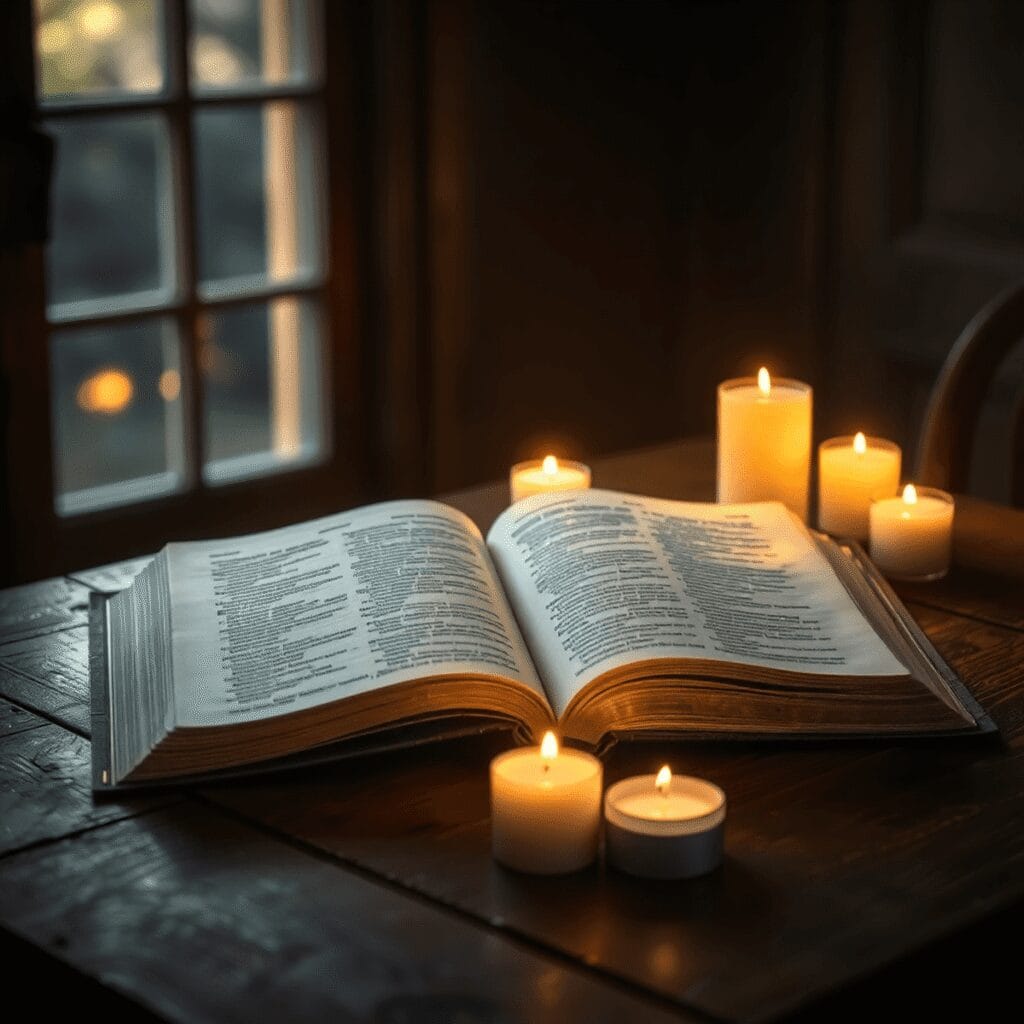 Schlage eine alte Bibel auf einem Holztisch auf, umgeben von Kerzen und dem warmen Sonnenlicht, das durch ein Fenster fällt und eine...