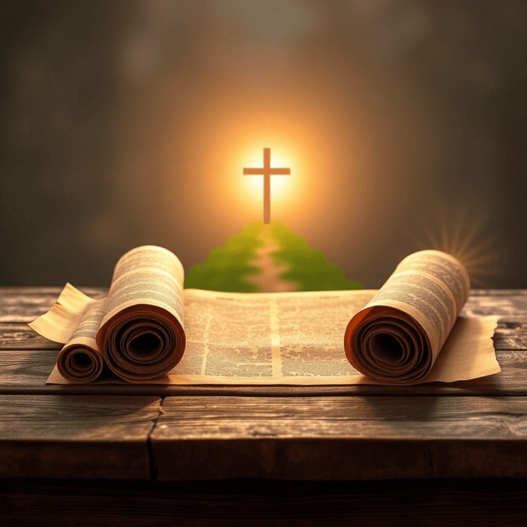 ثلاث مخطوطات قديمة على طاولة خشبية ريفية بإضاءة ناعمة ودافئة، محاطة برموز روحية مضيئة وخلفية...