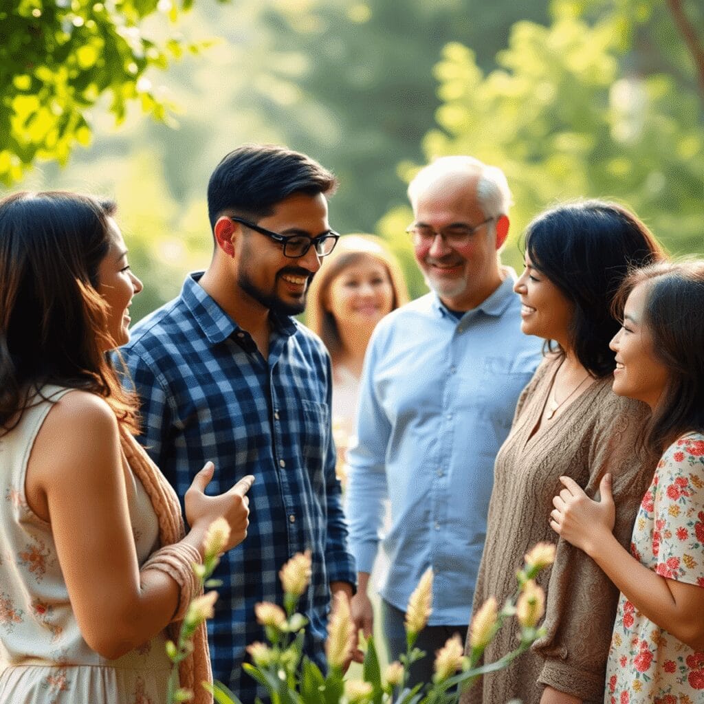 Евангелизация через свидетельство: практические советы для мирян Группа людей снаружи, залитая мягким естественным светом и ведущая искреннюю беседу в окружении нежной зелени, символизировала...