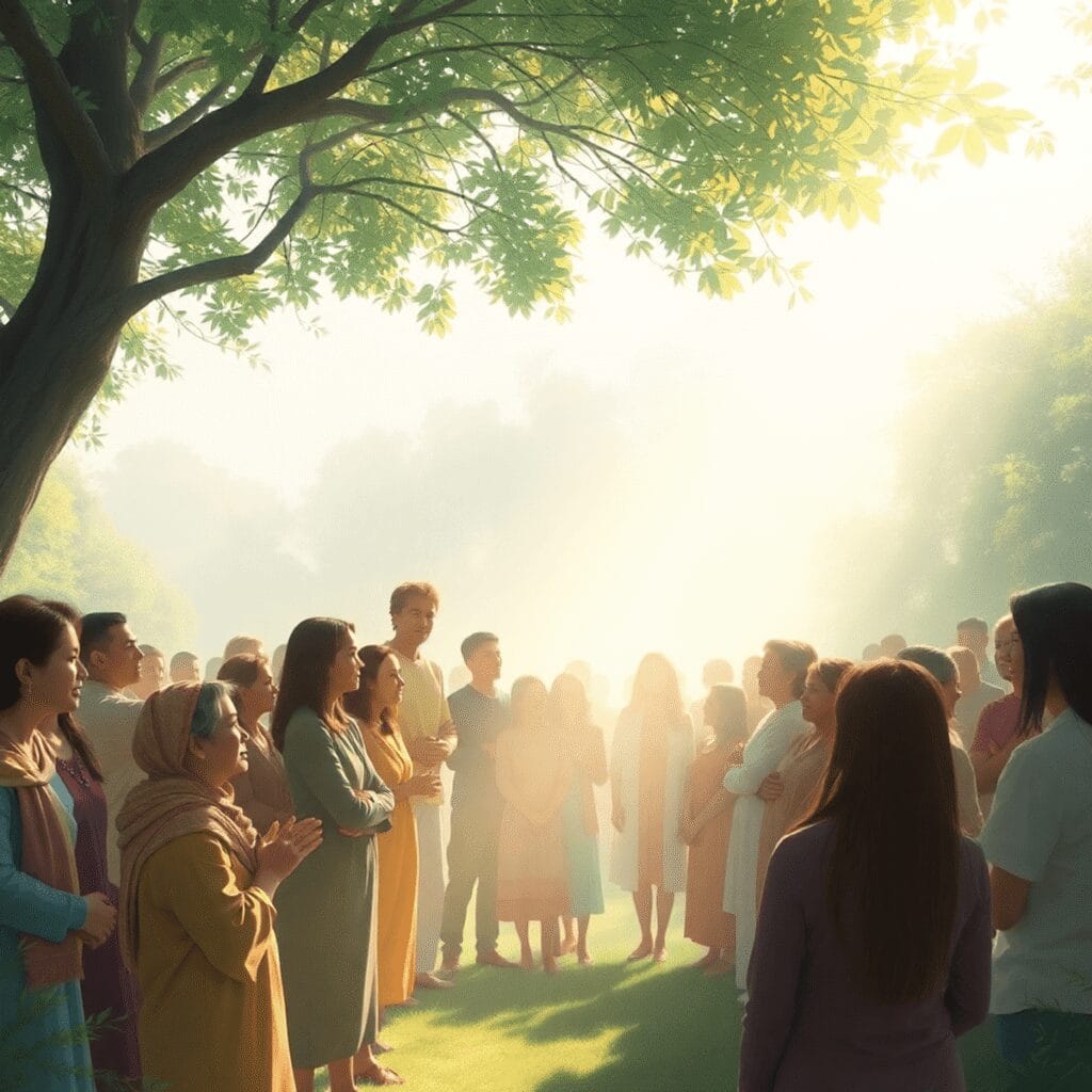 Un grupo diverso reunido pacíficamente en la naturaleza, bañado por la suave luz del sol, con expresiones amables y una luz radiante...