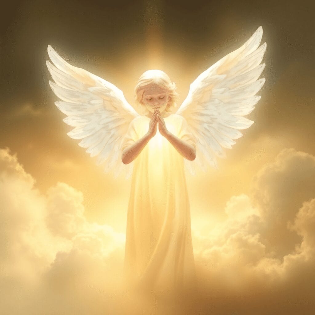 圣经中天使的角色及其在当今的意义 一个散发着柔和光芒的天使身影,拥有柔软的白色翅膀,在温暖的金色云朵环绕下,于宁静祥和的环境中散发着温暖的光芒…….
